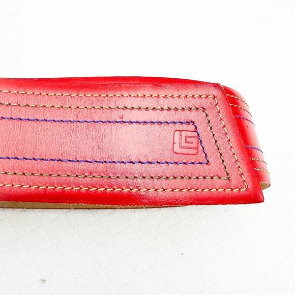 Guy Laroche France Vintage Red Leather Belt Colorful Stitching Size 28 - Picture 6 of 7
